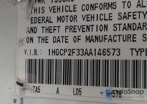 2010 Honda Accord 2.4 Lx z USA, uszkodzony, nr VIN 1HGCP2F33AA146573